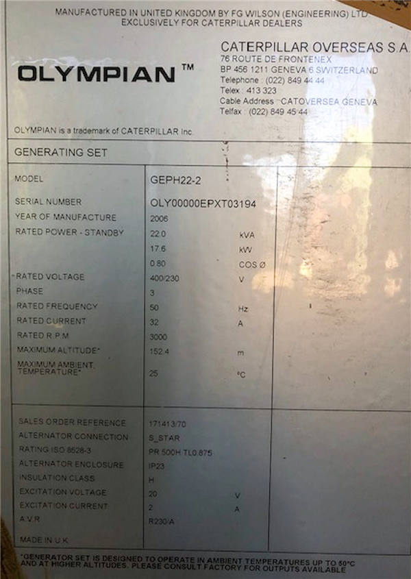 Olympian Model Geph22-2, 22 Kva Generator)